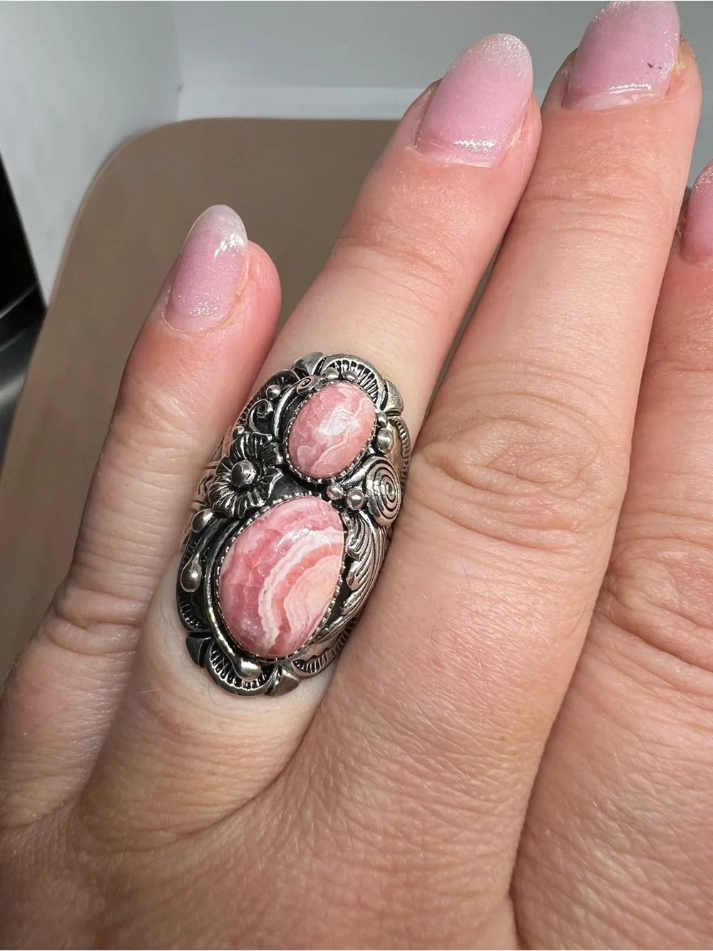 Sterling Silver Pink Rhodochrosite Statement BBJ Ring